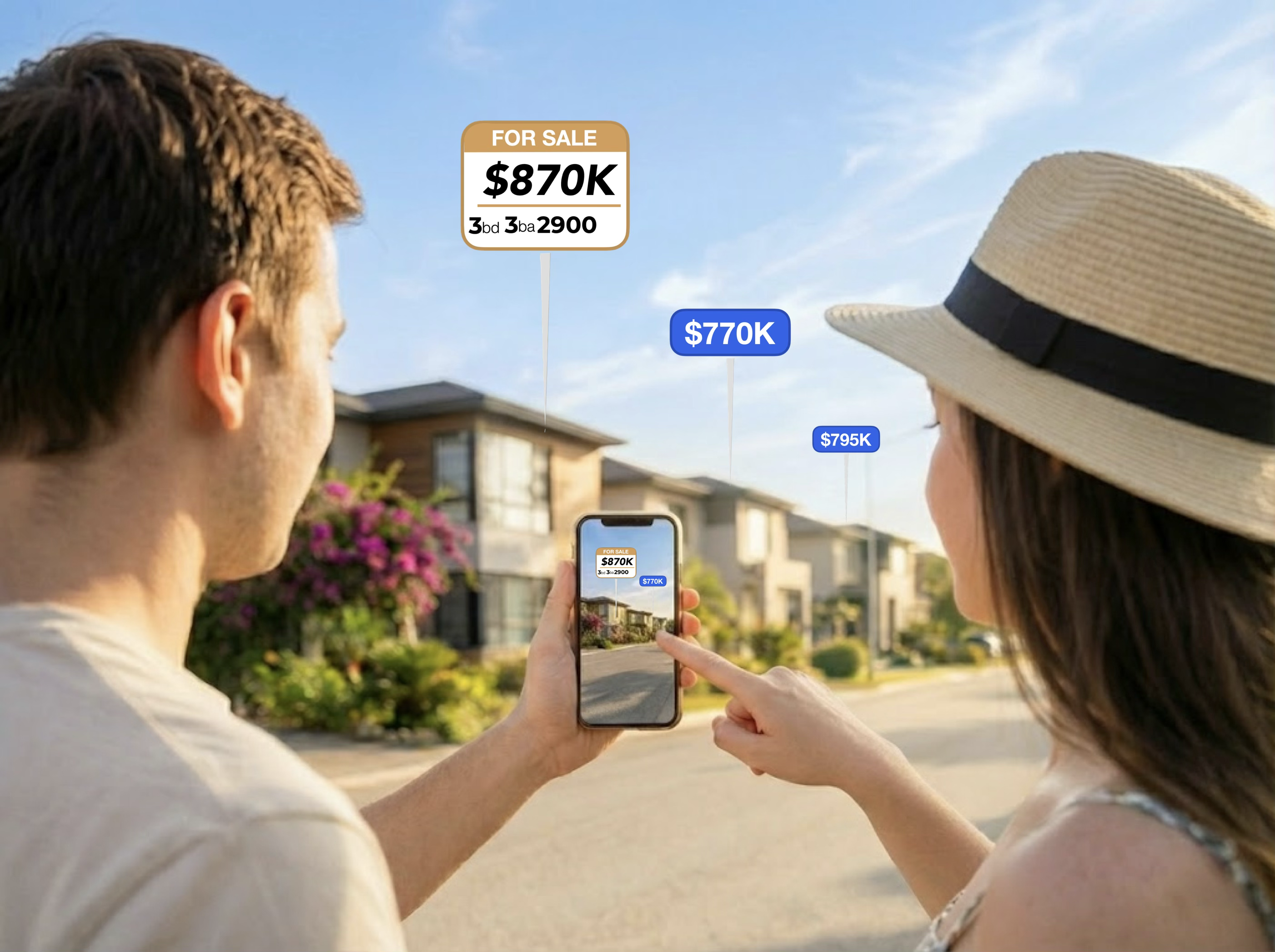 Couple exploring homes outdoors with HouseQuest AR beacons