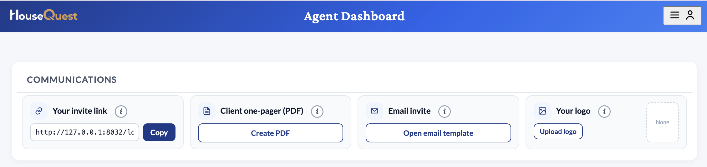 HiQ agent dashboard Communications view with client messages and activity