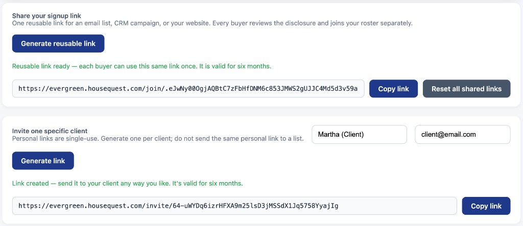HiQ agent tools for generating a reusable signup link or a personal invite link