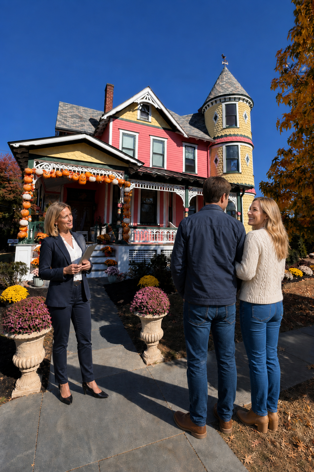 A couple faces a colorful Victorian; she looks up at her husband excitedly while their agent looks on, politely puzzled