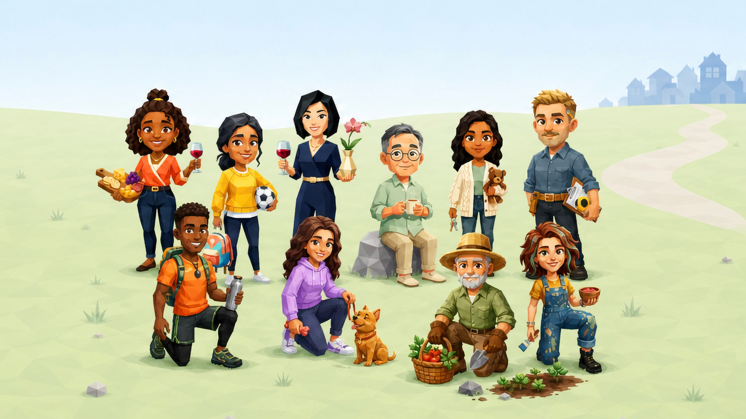 HiQ home-buying personalities in a landscape, with a path leading toward distant homes